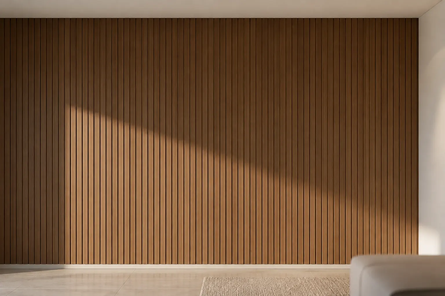 Pared revestida con listones verticales de madera recorrida por luz rasante, del piso al techo