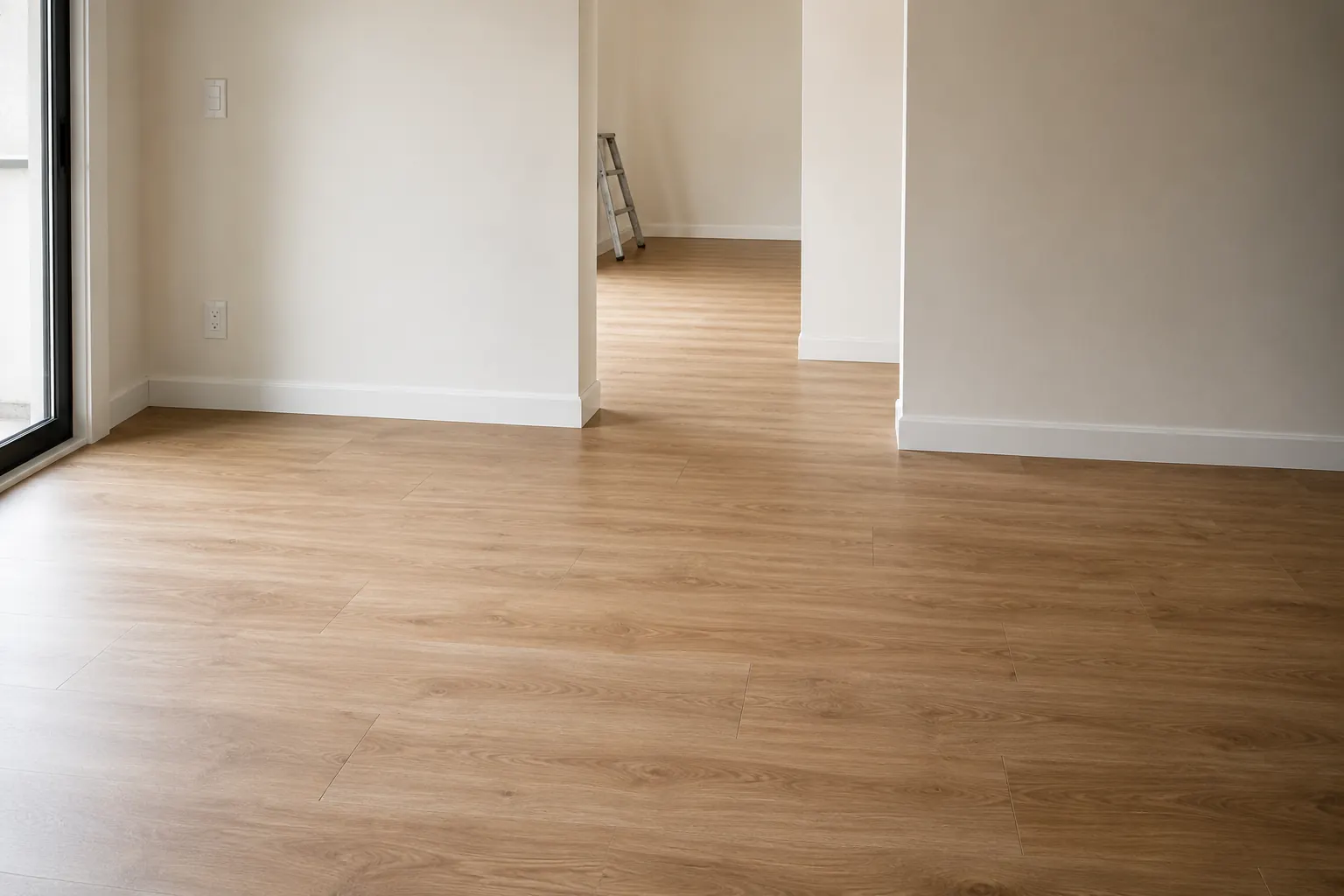 Ambiente interior sin amoblar con piso vinílico símil roble y zócalo recto recién colocado